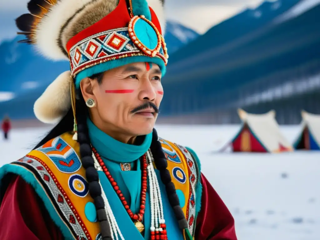 Un chamán siberiano en atuendo tradicional realiza un ritual en un paisaje nevado, mientras los espectadores observan con reverencia