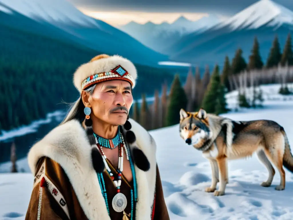 Un chamán siberiano y lobos en un ritual cultural, evocando la conexión espiritual en la gélida Siberia