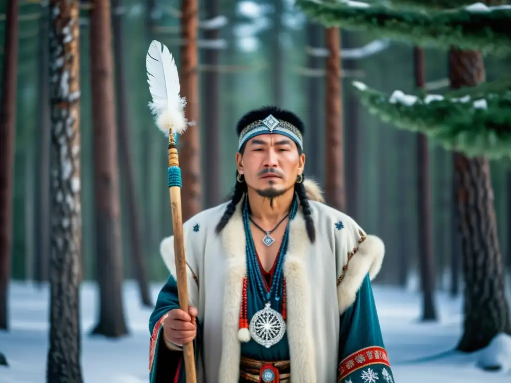 Un chamán siberiano en medio de un bosque nevado, conectando con el mundo espiritual