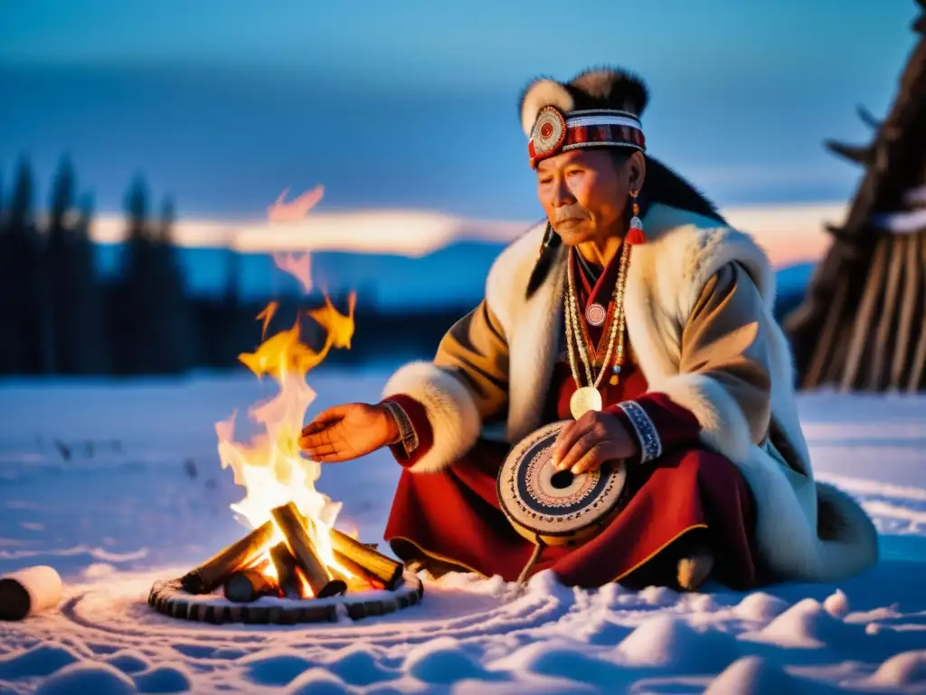 Un chaman siberiano en su ritual espiritual ancestral, rodeado de tambores decorados, en un paisaje nevado y místico