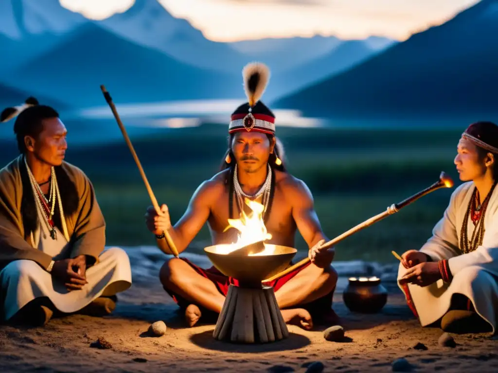 Un chamán siberiano realiza un ritual con música chamánica, rodeado de la cultura espiritual de Siberia, entre antorchas y naturaleza mística