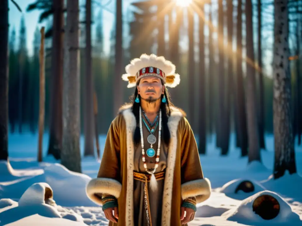 Un chamán siberiano realiza un ritual sagrado de ofrenda de siete elementos en un bosque nevado, creando una escena mística y vibrante