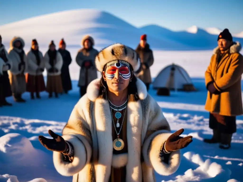 Un chamán siberiano realiza un ritual en la tundra nevada, rodeado de espectadores, con prácticas ancestrales chamanismo siberiano