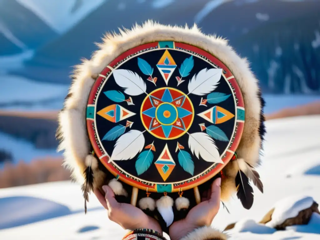 Un chamán siberiano sostiene un tambor decorado con símbolos y plumas, listo para un ritual de interpretación de sueños