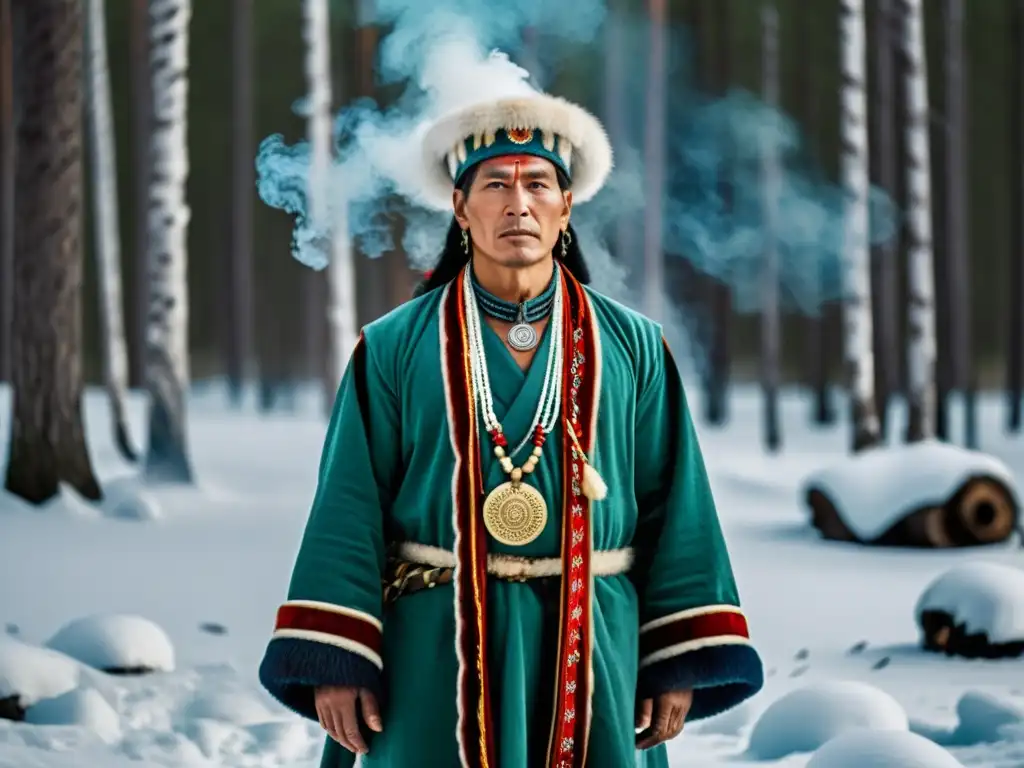 Un chaman siberiano en traje tradicional realiza un ritual en un bosque nevado, evocando la espiritualidad ancestral del chamanismo siberiano