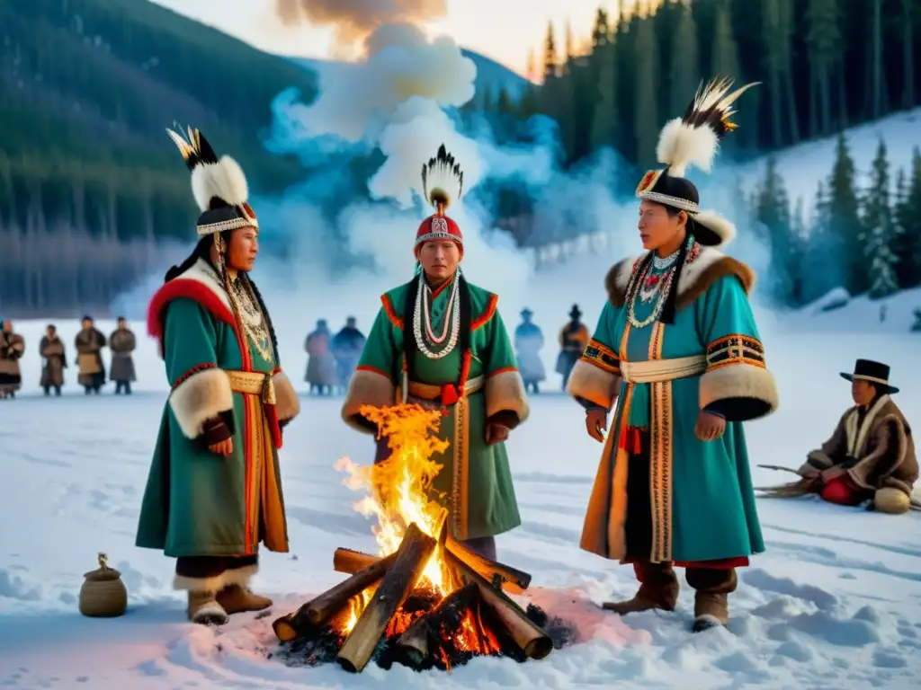 Chamanes realizando un ritual alrededor de un gran fuego en el bosque nevado de Siberia, con plantas sagradas y vestimenta tradicional