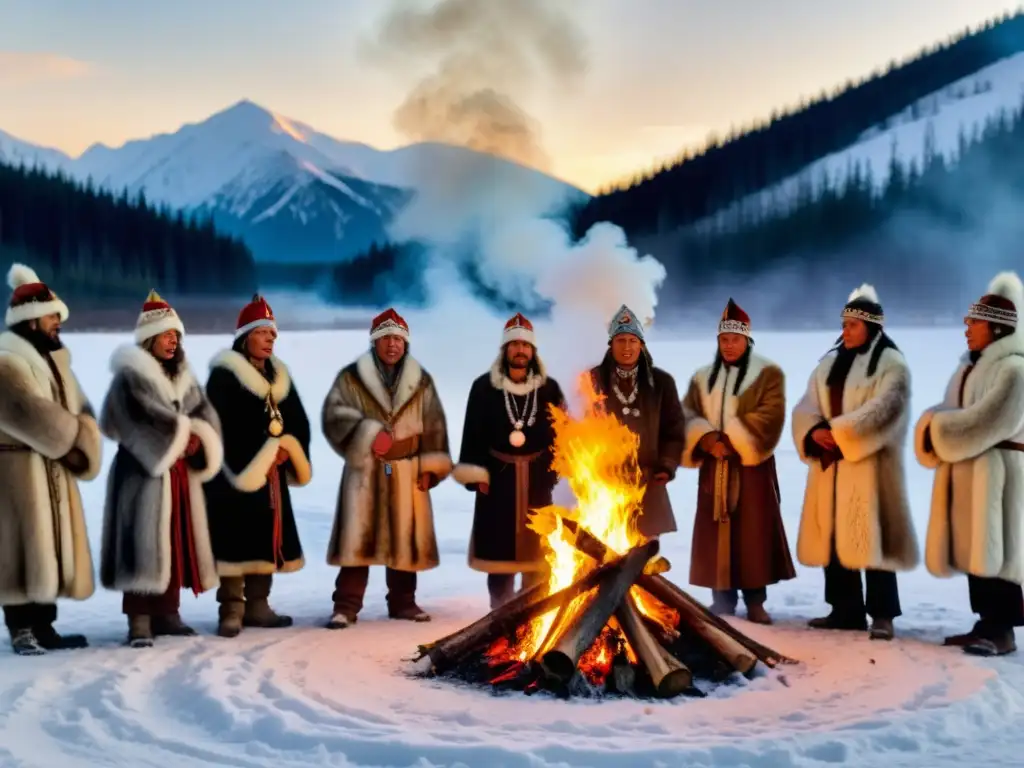 Chamanes siberianos en una ceremonia del fuego, rodeados de nieve y misticismo