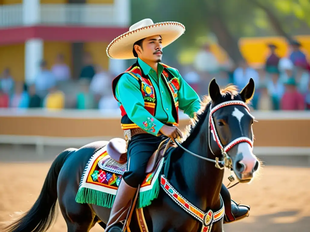 Un charro mexicano monta un caballo adornado en un rodeo, capturando la influencia mexicana en moda occidental