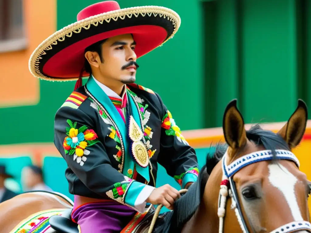 Un charro mexicano montando un caballo adornado en un desfile vibrante