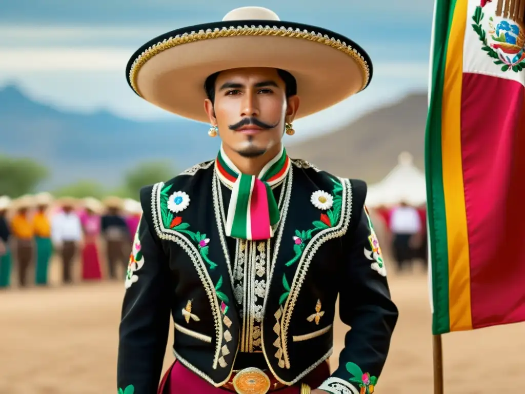 Un charro orgulloso con traje bordado y la bandera de México ondeando al fondo