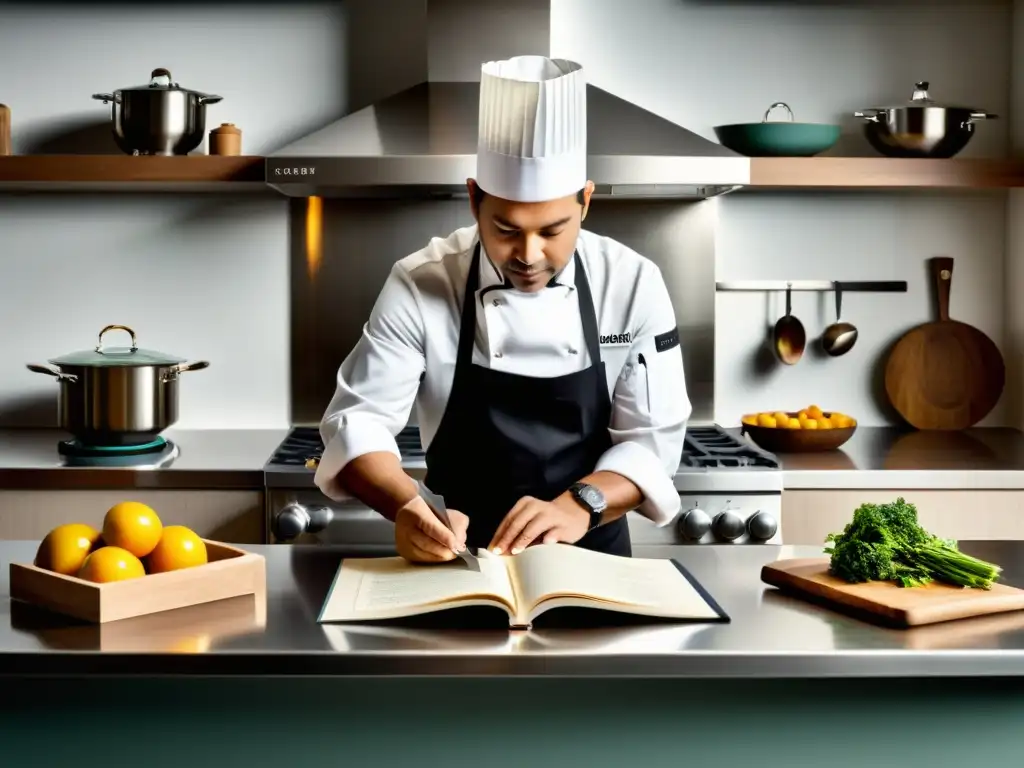 Un chef en una cocina moderna prepara una receta familiar con cuidado