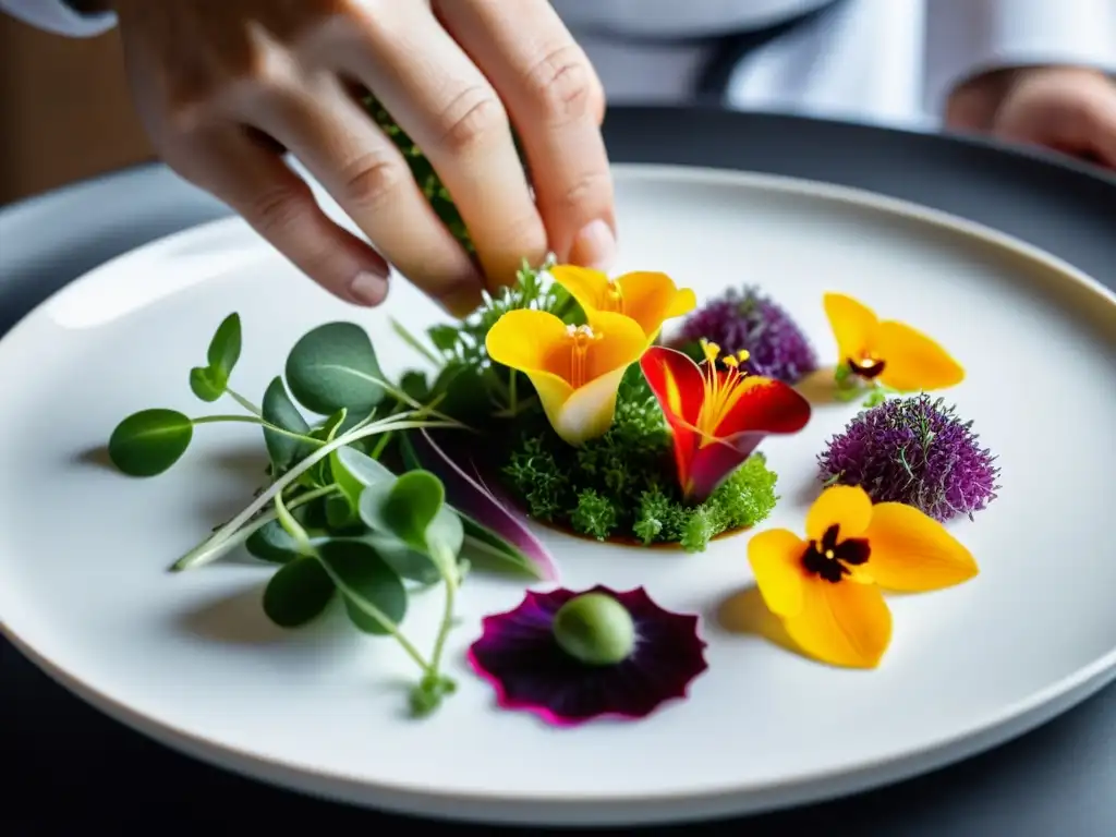 Un chef coloca con precisión flores comestibles y microgreens en un plato, destacando la estética en la presentación de platos