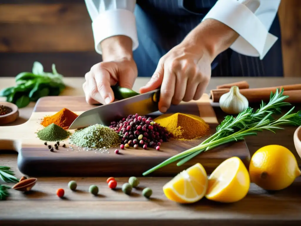 Un chef experto prepara una receta tradicional con cuidado, resaltando la cocina moderna y las recetas tradicionales