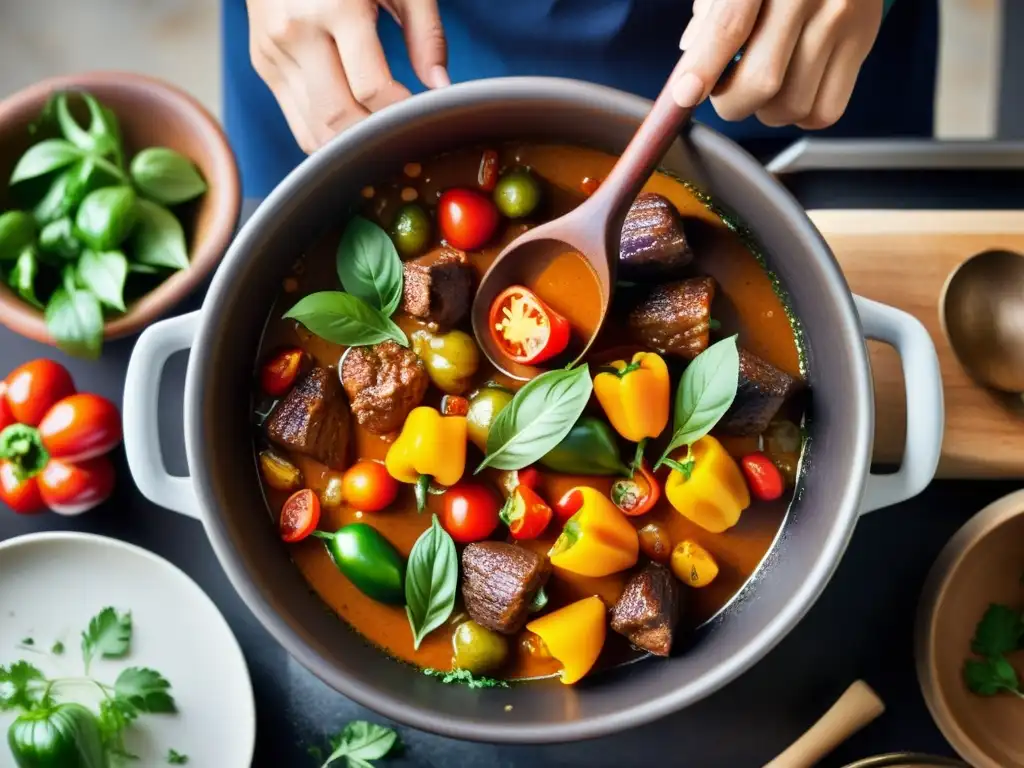 Un chef prepara un guiso en una olla de barro, rodeado de ingredientes frescos