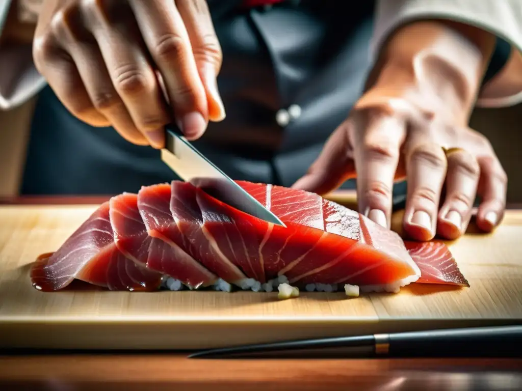 Un chef japonés corta magistralmente un fresco atún para sushi