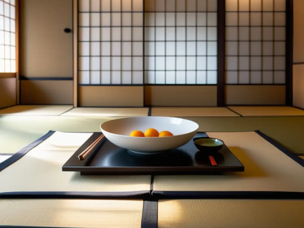 Un chef en kimono blanco prepara una comida vegetariana en una cocina japonesa, evocando la historia y tradición budista japonesa