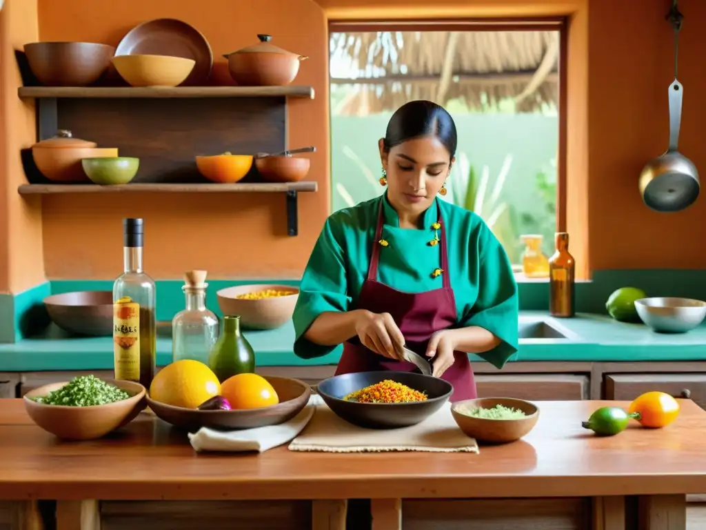 Un chef preparando un platillo mexicano en una cocina tradicional, con una botella de mezcal en el fondo