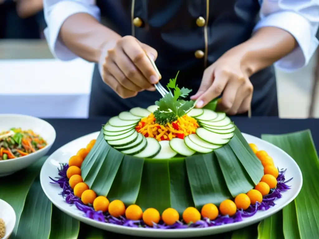 Chef preparando plato vegetariano en el Festival Vegetariano Phuket con ingredientes frescos y tradición Taoísta