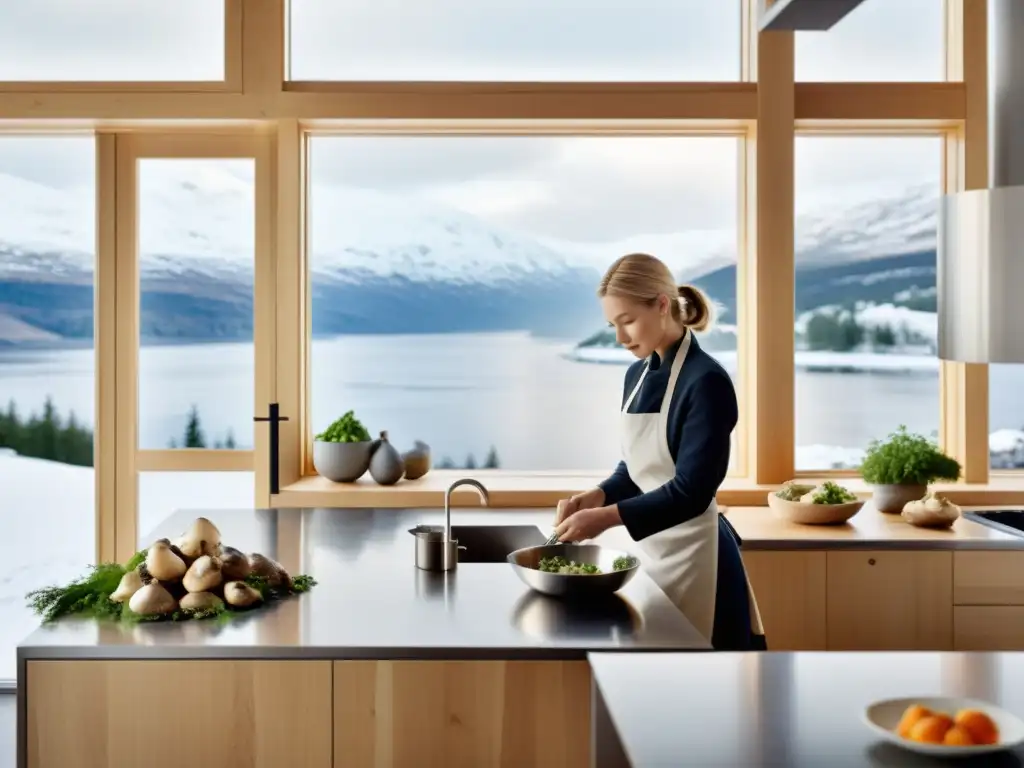 Un chef prepara una receta nórdica en una cocina moderna con vista a un paisaje nevado