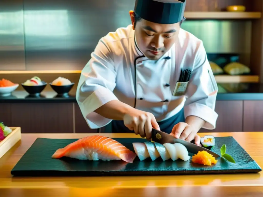 Un chef de sushi japonés tradicional corta meticulosamente pescado fresco con un cuchillo afilado, creando una exhibición visualmente impresionante