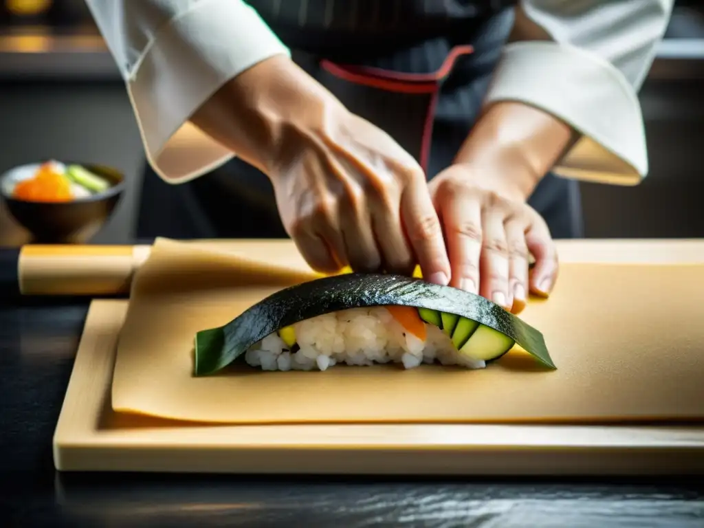 Un chef de sushi meticuloso crea un rollo con ceremonia detrás del sushi, mostrando arte y atención al detalle