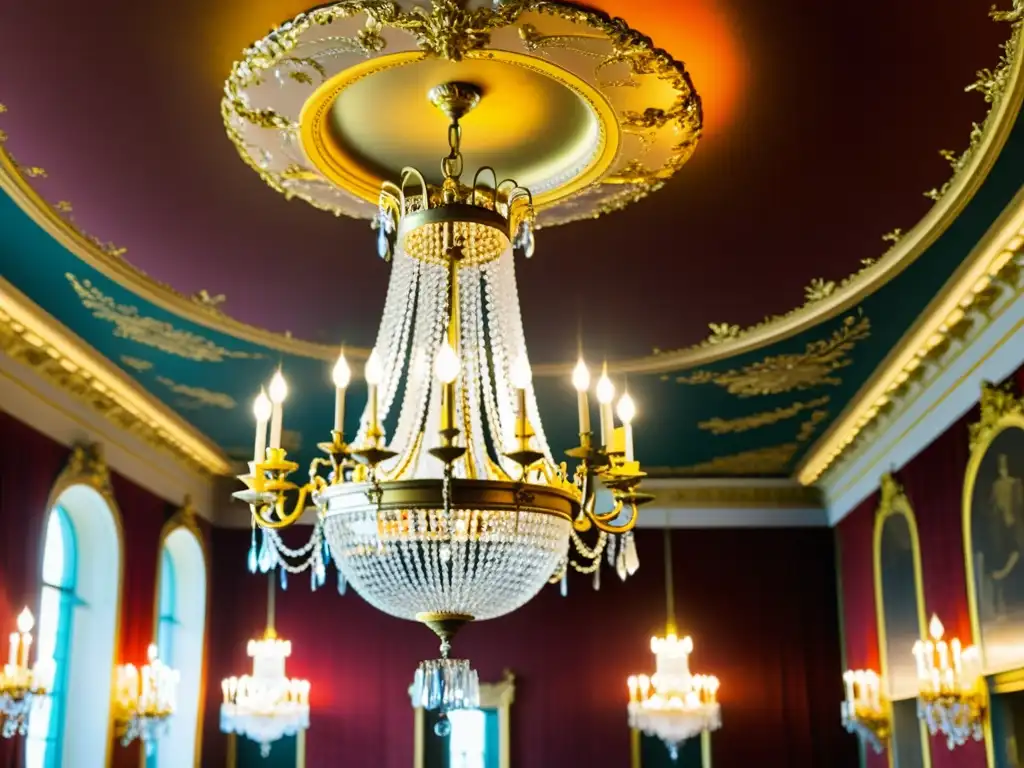 Chispeante candelabro de lujo en el Palacio de Schönbrunn, evocando la elegancia de la Viena Habsburgo con música y opulencia palaciega