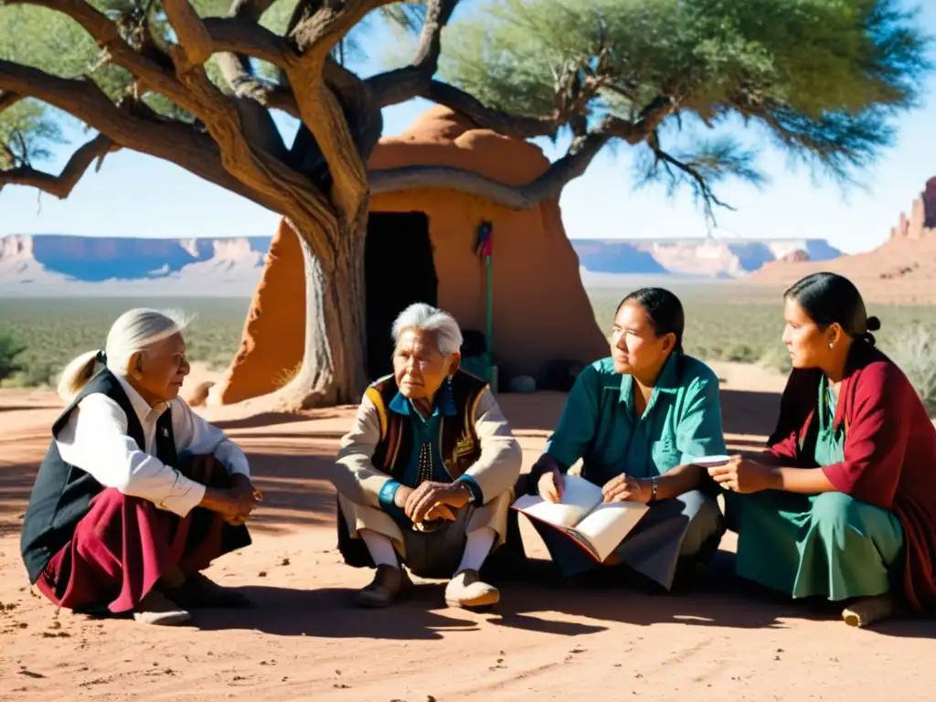 Un círculo de ancianos Navajo bajo un árbol, transmitiendo sabiduría a un joven ansioso por preservar la lengua Navajo y su tradición cultural