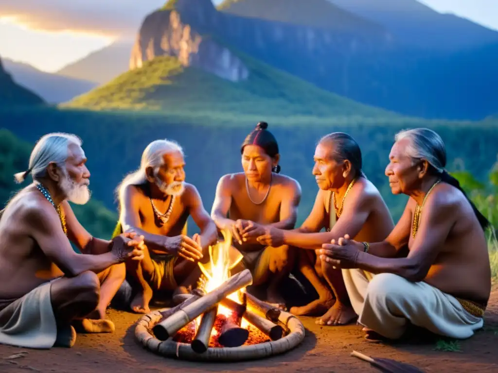 Un círculo de ancianos indígenas toca cantos tradicionales alrededor del fuego, transmitiendo sabiduría a las generaciones futuras