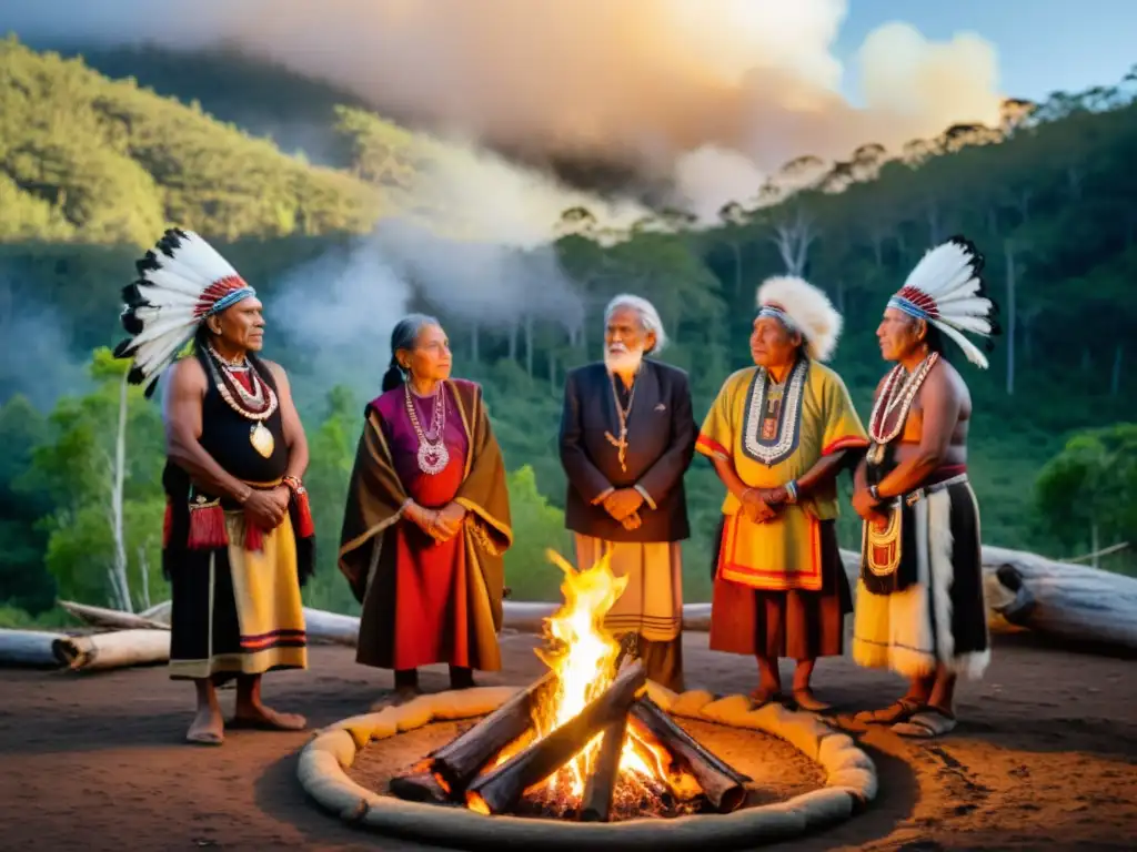 Un círculo de ancianos indígenas celebra una ceremonia sagrada en el bosque, mientras el cambio climático afecta sitios sagrados