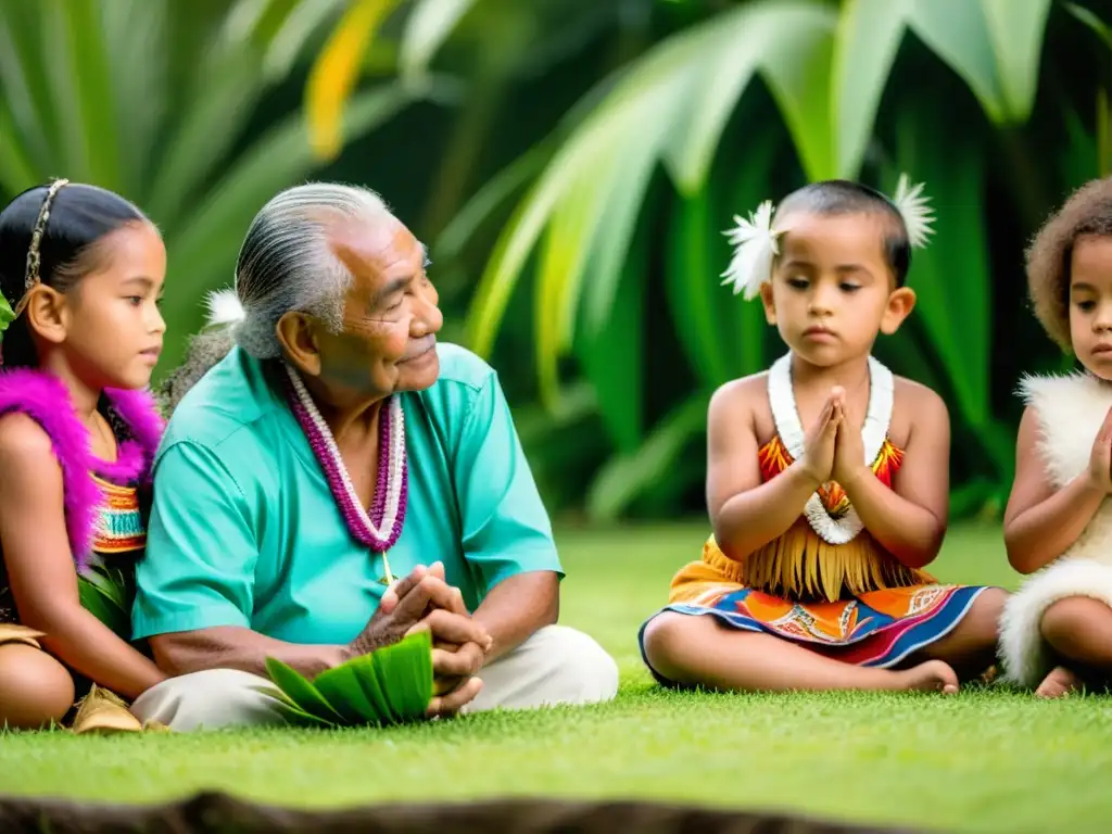 Un círculo de ancianos y niños polinesios rezando al atardecer para la revitalización de la lengua polinesia