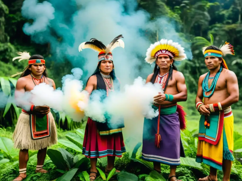 Un círculo de chamanes peruanos realiza rituales ancestrales en la exuberante selva amazónica, destacando la diversidad cultural de Perú