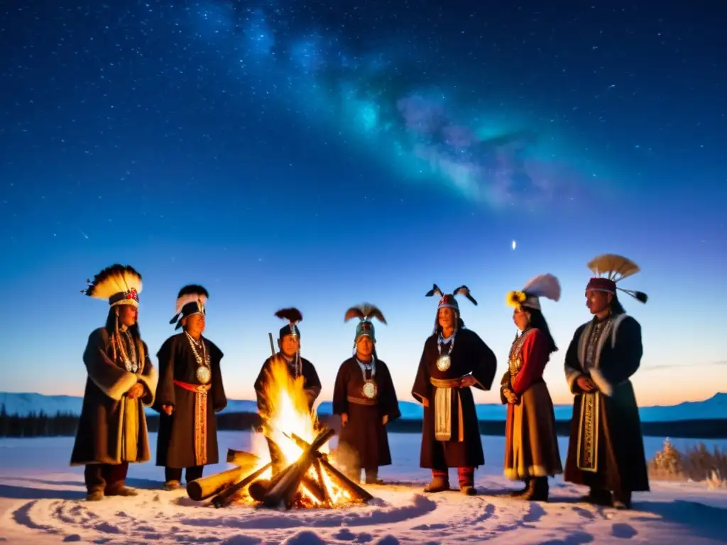 Un círculo de chamanes siberianos realiza ritos chamánicos de iniciación alrededor de una fogata, con un cielo nocturno lleno de estrellas y auroras boreales en el horizonte