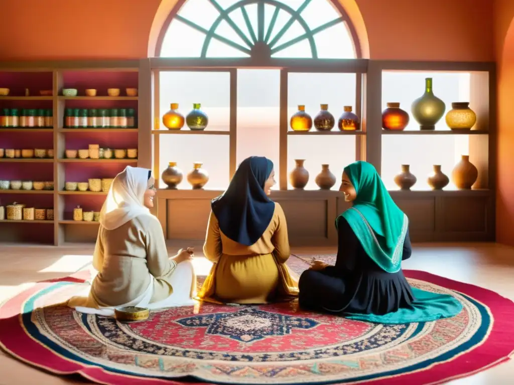 Un círculo de mujeres con hijabs y vestidos coloridos discuten sobre la salud de la mujer en una atmósfera auténtica y serena de la sociedad islámica