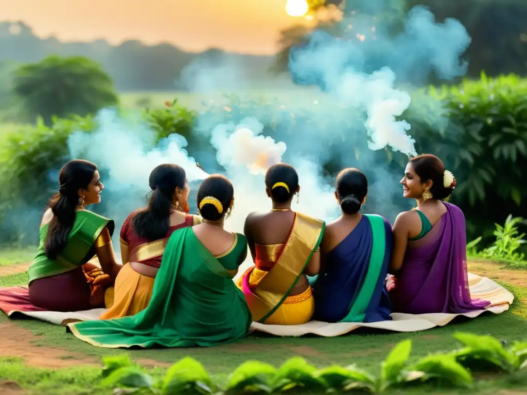 Un círculo de mujeres indias en coloridos sarees participando en un ritual sagrado de tabaco en medio de exuberante vegetación al atardecer