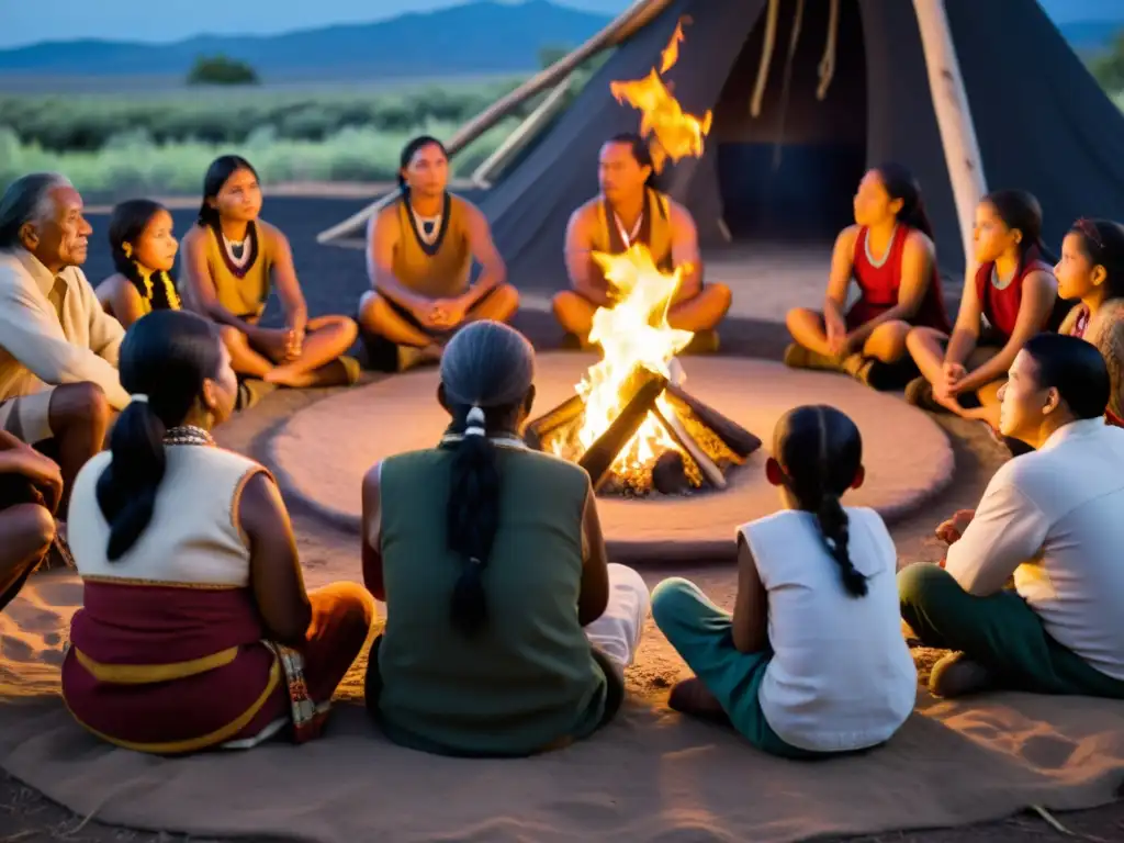 Un círculo de narración nativa americana con ancianos y niños alrededor del fuego, escuchando atentamente una antigua historia