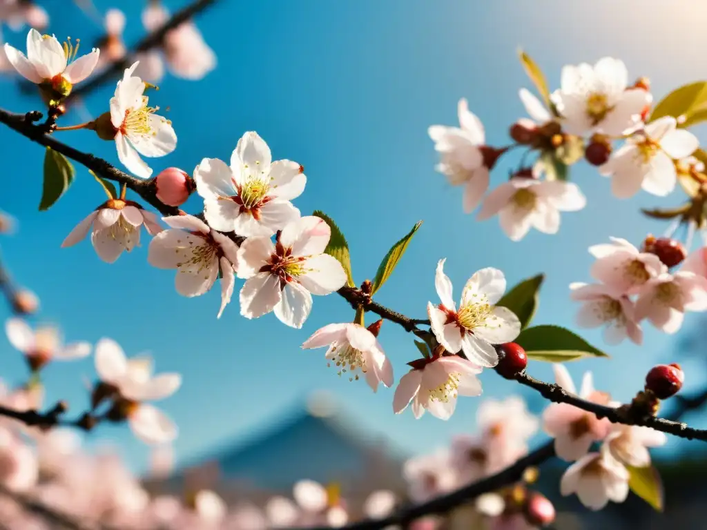 Closeup de flores de cerezo en plena floración, iluminadas por el sol dorado en un jardín japonés