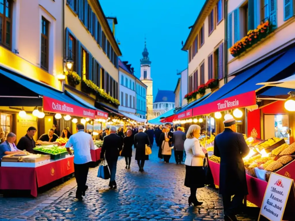 Cocina callejera mundial: una calle europea bulliciosa llena de puestos de comida, aromas y sabores diversos, atrayendo a una multitud curiosa