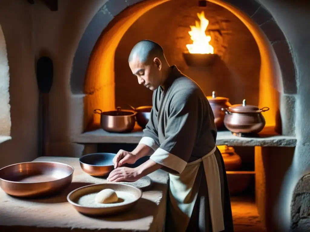 Una cocina monástica tradicional llena de sabores, con monjes preparando antiguas recetas en un ambiente sereno y cálido