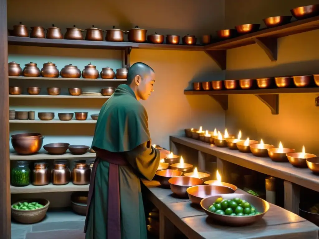 Cocina monástica tradicional: monjes preparando platos con concentración en una cálida cocina iluminada por velas