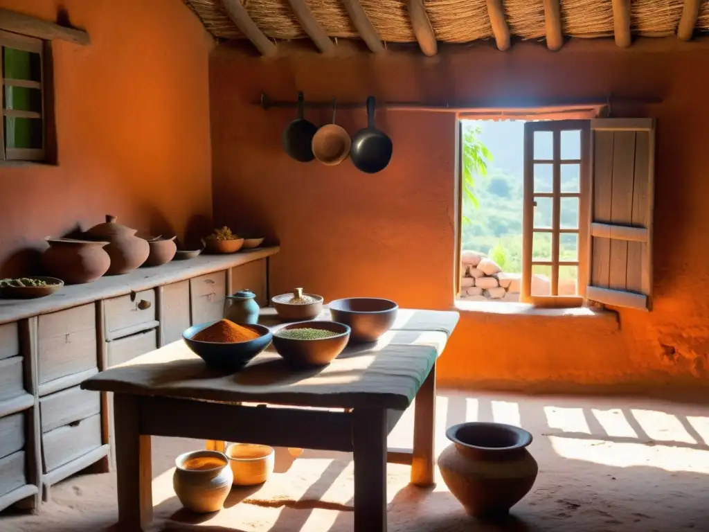 Una cocina tradicional en un pueblo con paredes de terracota, techo de paja, mujeres cocinando un plato tradicional