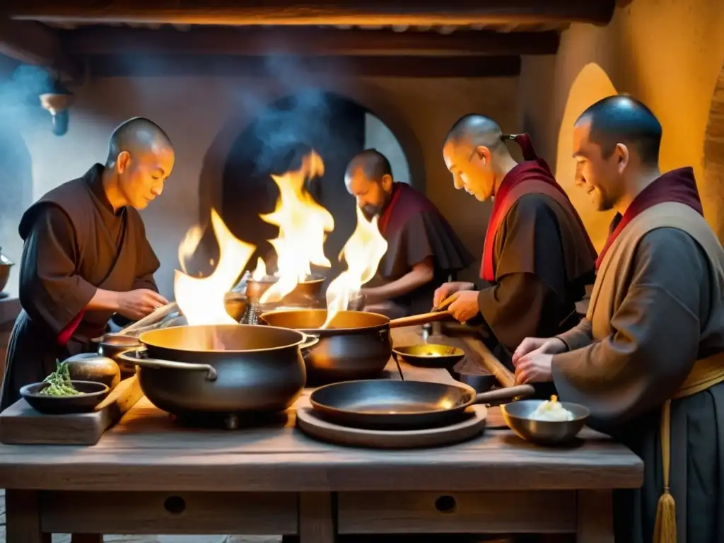 En la cocina monástica tradicional sabores, ancianos monjes preparan recetas ancestrales en un ambiente sereno y reverente iluminado por velas