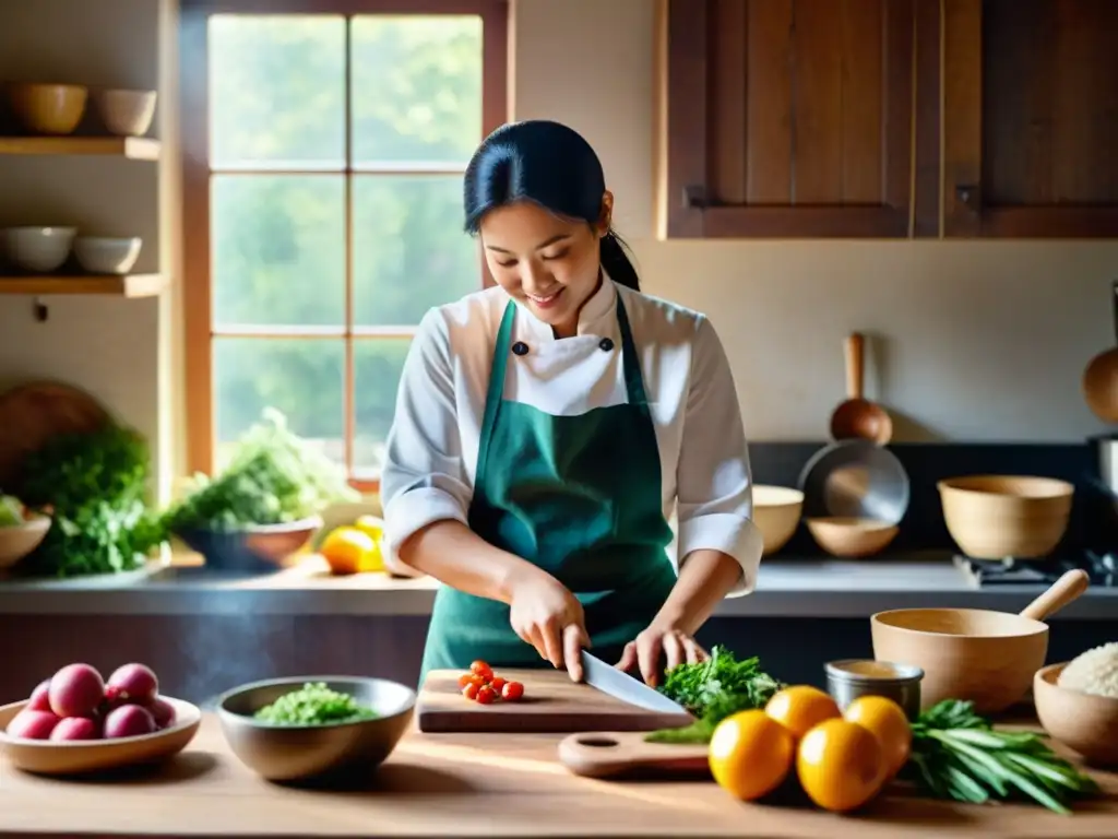 Un cocinero preparando recetas ancestrales, rodeado de ingredientes frescos en una cocina tradicional con una mesa de madera desgastada