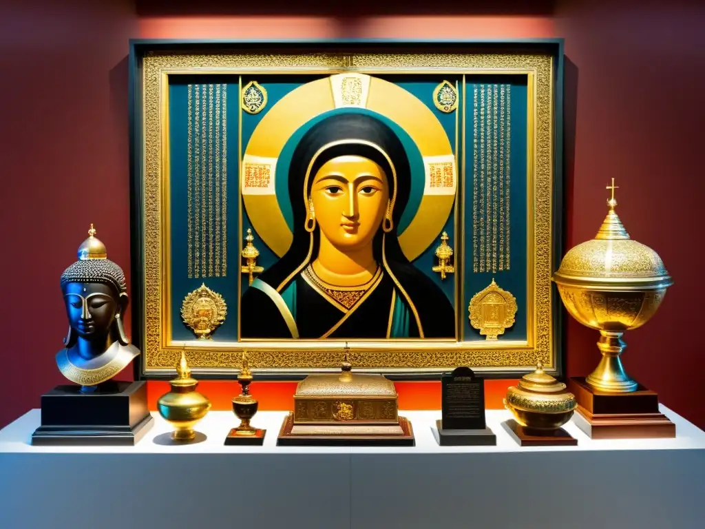 Una colección diversa de arte religioso de diferentes culturas y períodos, exhibida en un museo bien iluminado