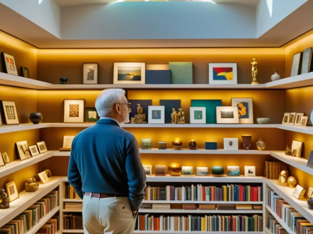 Un coleccionista de arte examina con detenimiento sus obras en una habitación iluminada por luz natural, rodeado de libros de arte