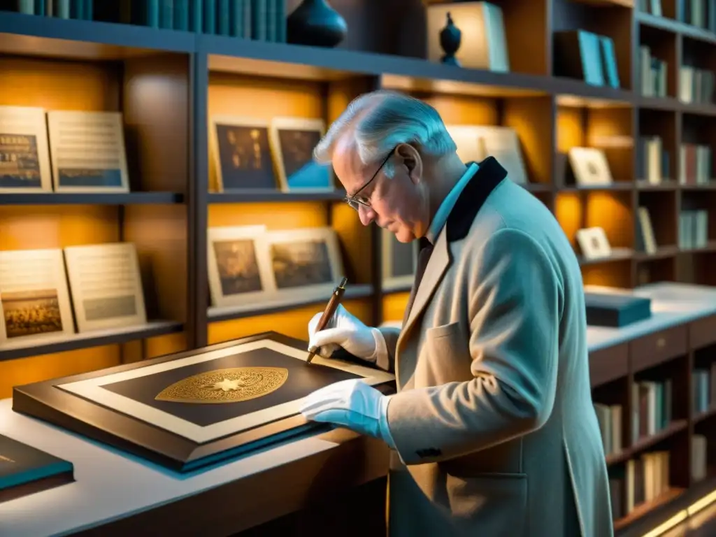 Un coleccionista de arte examina detalladamente grabados históricos originales en una galería elegante y con atmósfera erudita