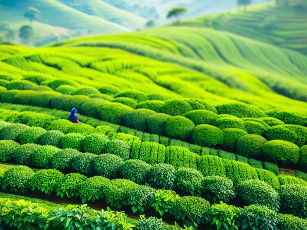 Plantación de té en las colinas de la India, donde mujeres en saris coloridos cosechan las hojas, con los majestuosos Himalayas de fondo