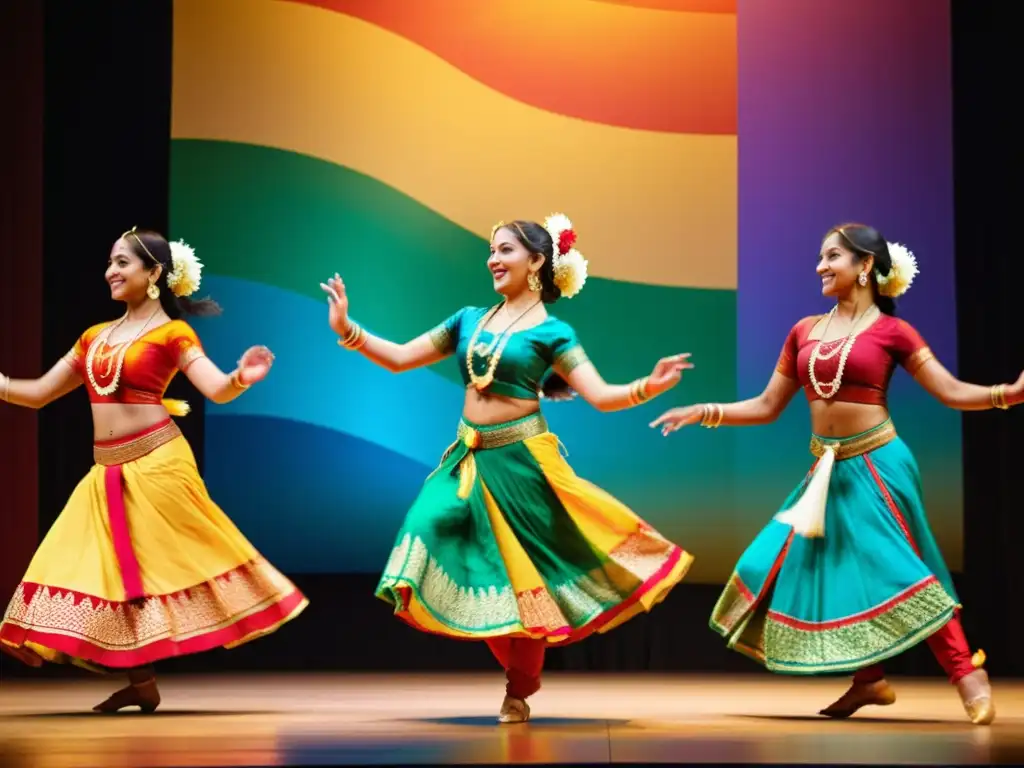 Una colorida actuación de bailes folclóricos de la India, con vestimenta tradicional, expresiones alegres y símbolos culturales diversos