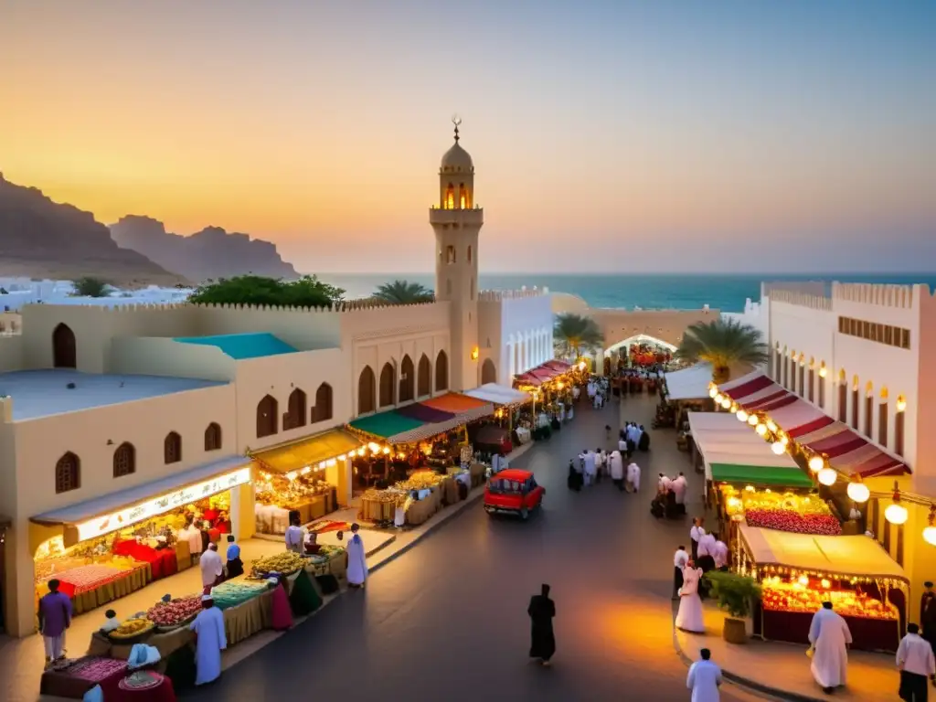 Colorida celebración del Año Nuevo Islámico en Omán, con mercado tradicional y gente disfrutando de la festividad al atardecer