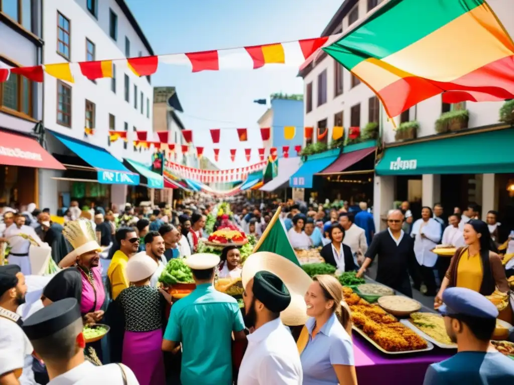 Una colorida procesión callejera en una bulliciosa ciudad, donde se celebra la fusión de veganismo con tradiciones culturales en un festín vegano