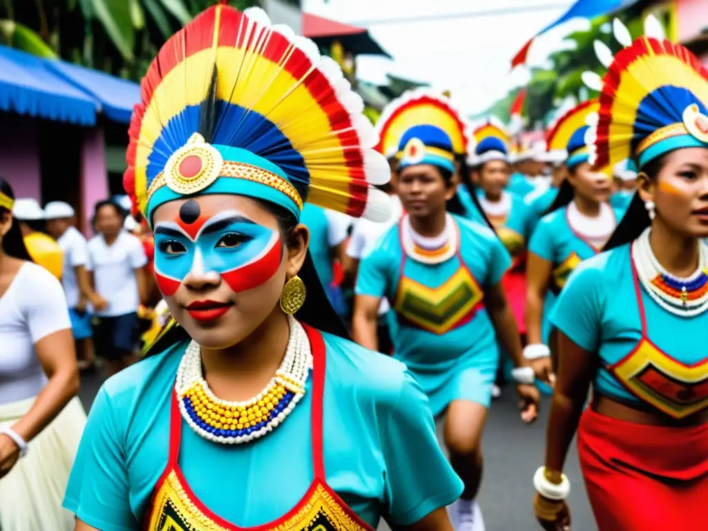 Colorida procesión callejera en el Festival AtiAtihan de Filipinas, muestra diversidad cultural y energía festiva